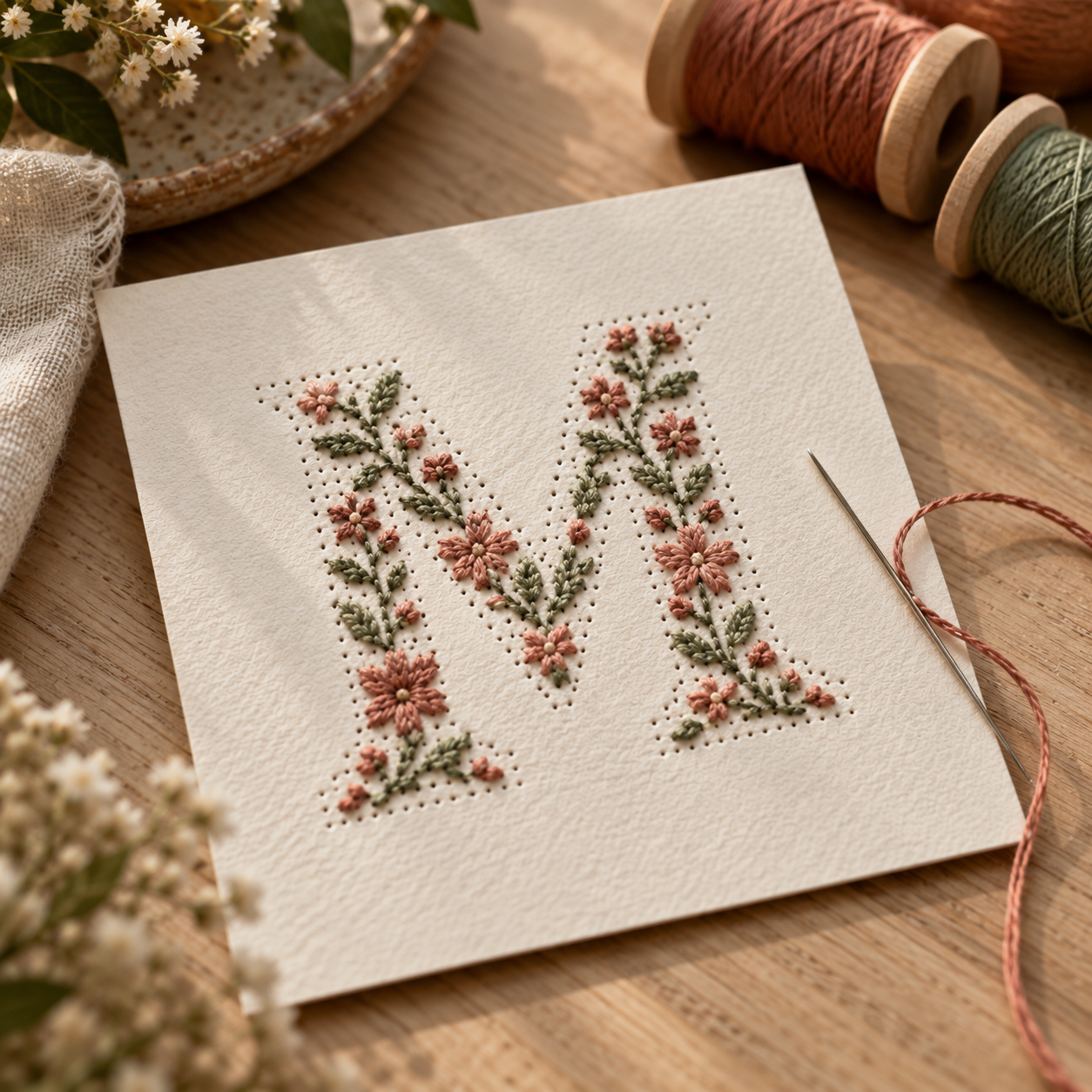 Monograma floral bordado sobre papel