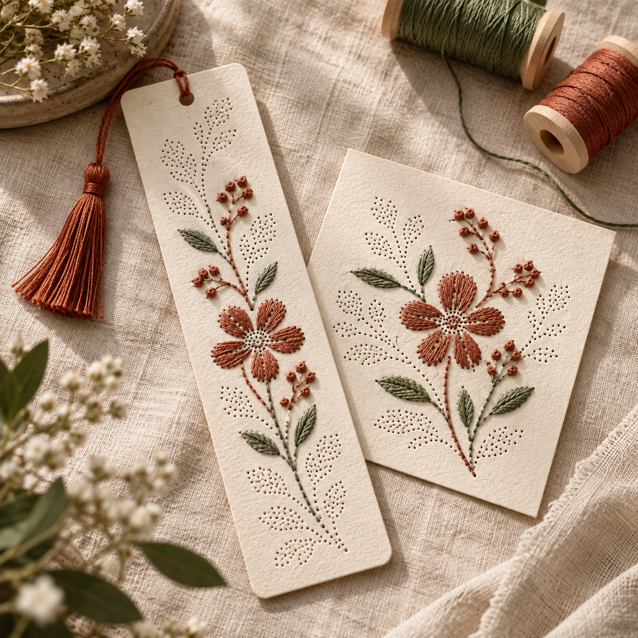 Tarjeta y marcapáginas bordados sobre papel
